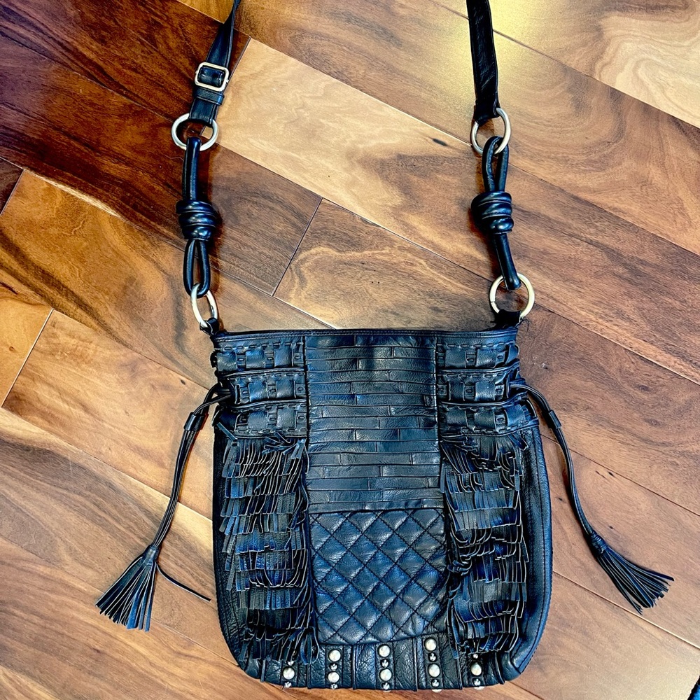 STEVEN by Steve Madden Black Fringe Crossbody Bag with Gold Hardware